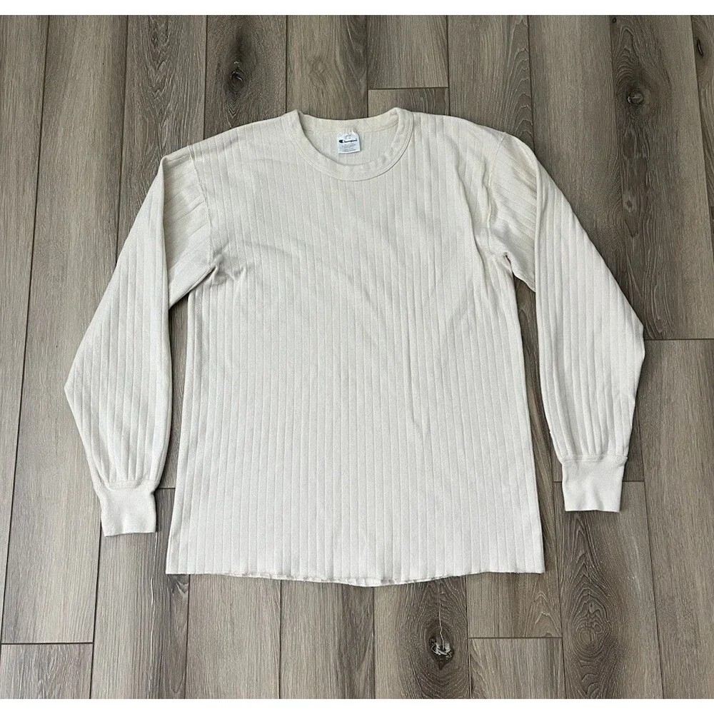 Vintage Champion Long Sleeve Pullover Shirt Mens Sz L Cream Ribbed Cotton Blend - Picture 1 of 8